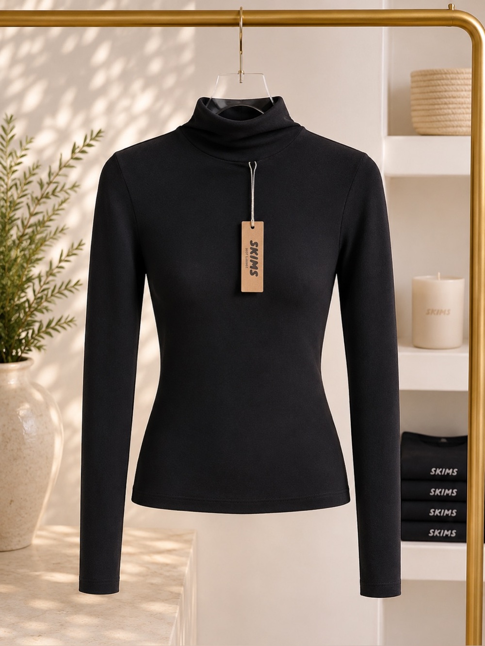 NWT SKIMS Cotton Jersey Half Zip Turtleneck Top Soot Black Small Medium